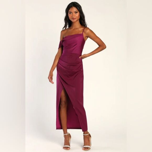 Lulu’s Showing Off a Little Magenta Asymmetrical Tulip Midi Dress Size L - Picture 1 of 8